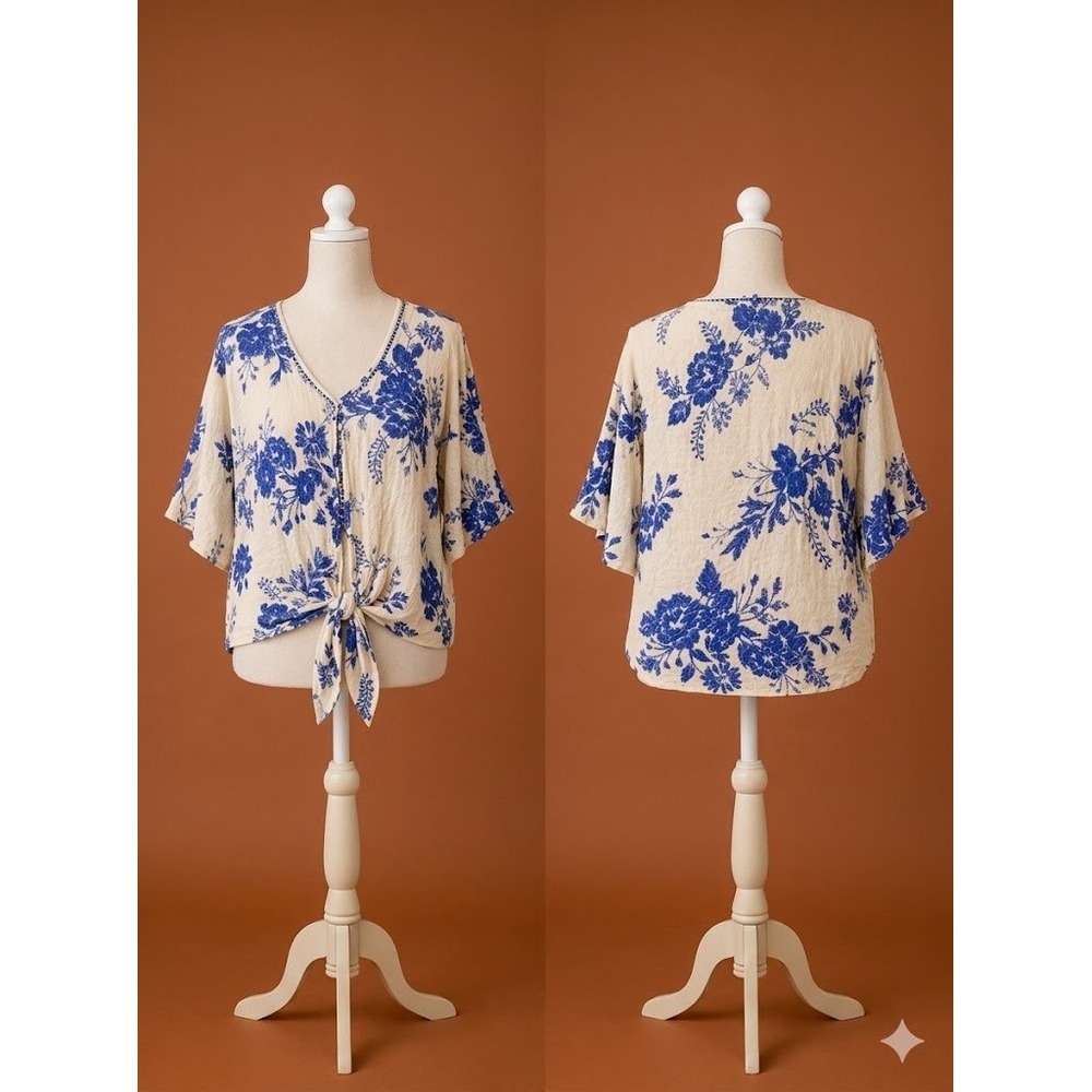 Studio Petite Floral Tie Front Top PL‎ Blue Boho Summer Blouse